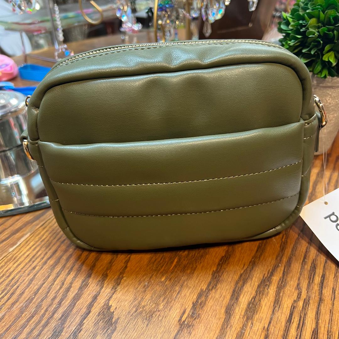 Sadie Quilted Army Green Vegan Leather Zip Top Messenger/ Strap Sold Separately
