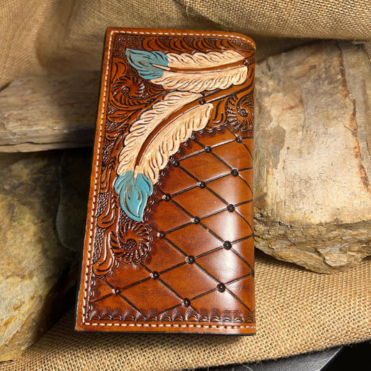 Hand Carved Painted Feather Rodeo Wallet