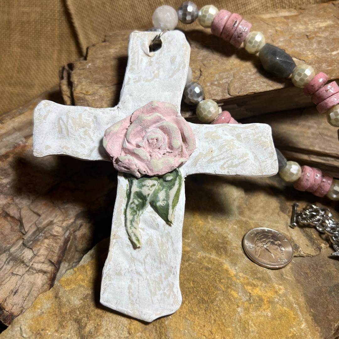 Large Handcrafted Clay Rose Cross on Beaded Necklace