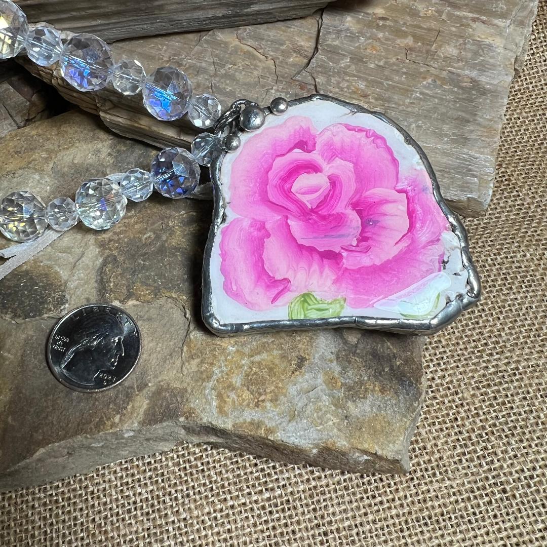 Large Statement Soldered Rose Pendant on Beaded Crystal Necklace