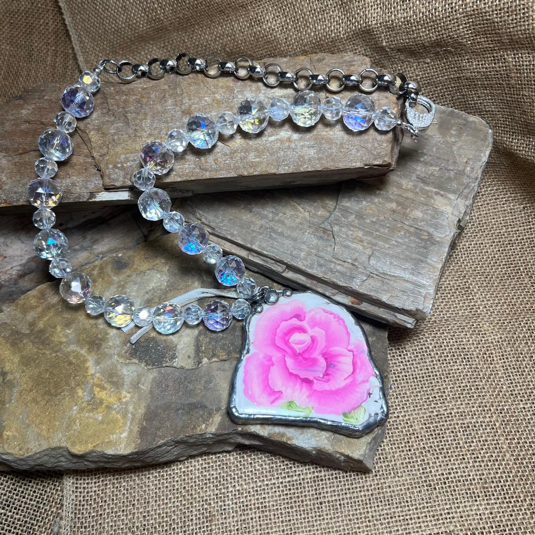 Large Statement Soldered Rose Pendant on Beaded Crystal Necklace