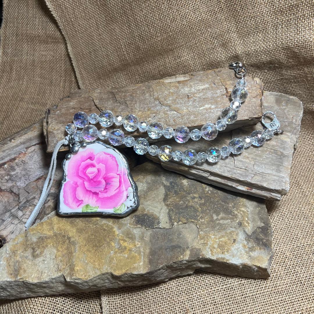 Large Statement Soldered Rose Pendant on Beaded Crystal Necklace