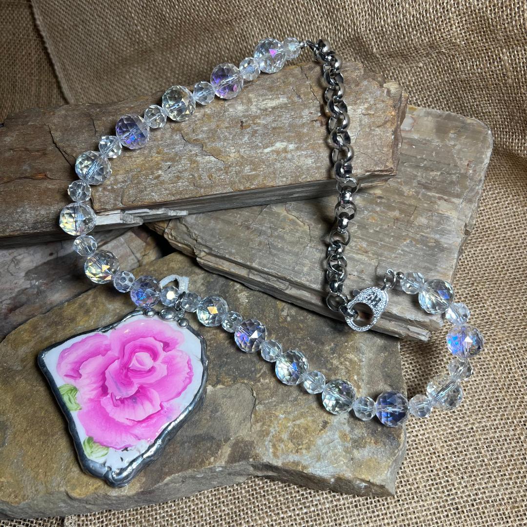 Large Statement Soldered Rose Pendant on Beaded Crystal Necklace