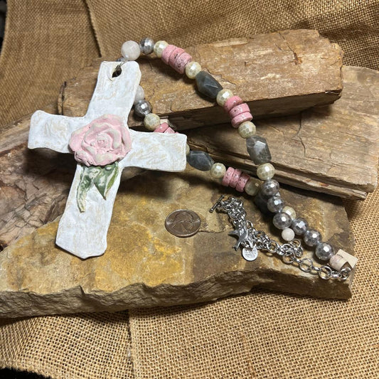 Large Handcrafted Clay Rose Cross on Beaded Necklace