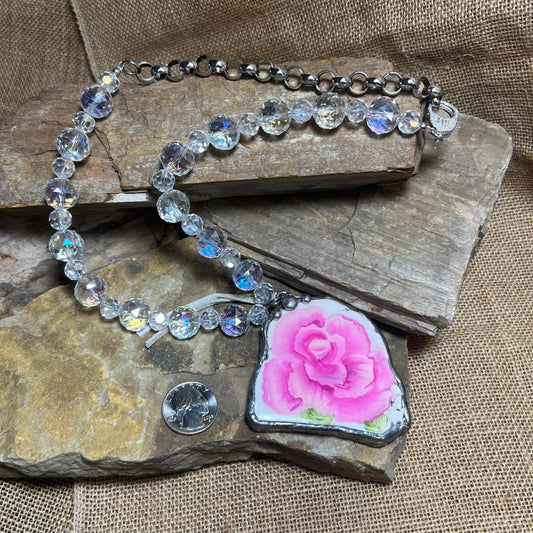 Large Statement Soldered Rose Pendant on Beaded Crystal Necklace
