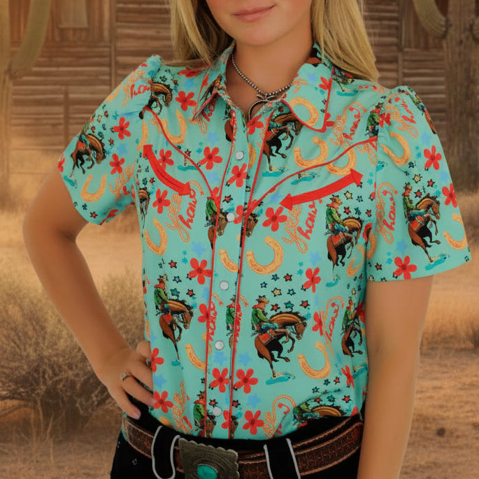 Howdy Hanny Pearl Snap, Turquoise Yeehaw Short Sleeve