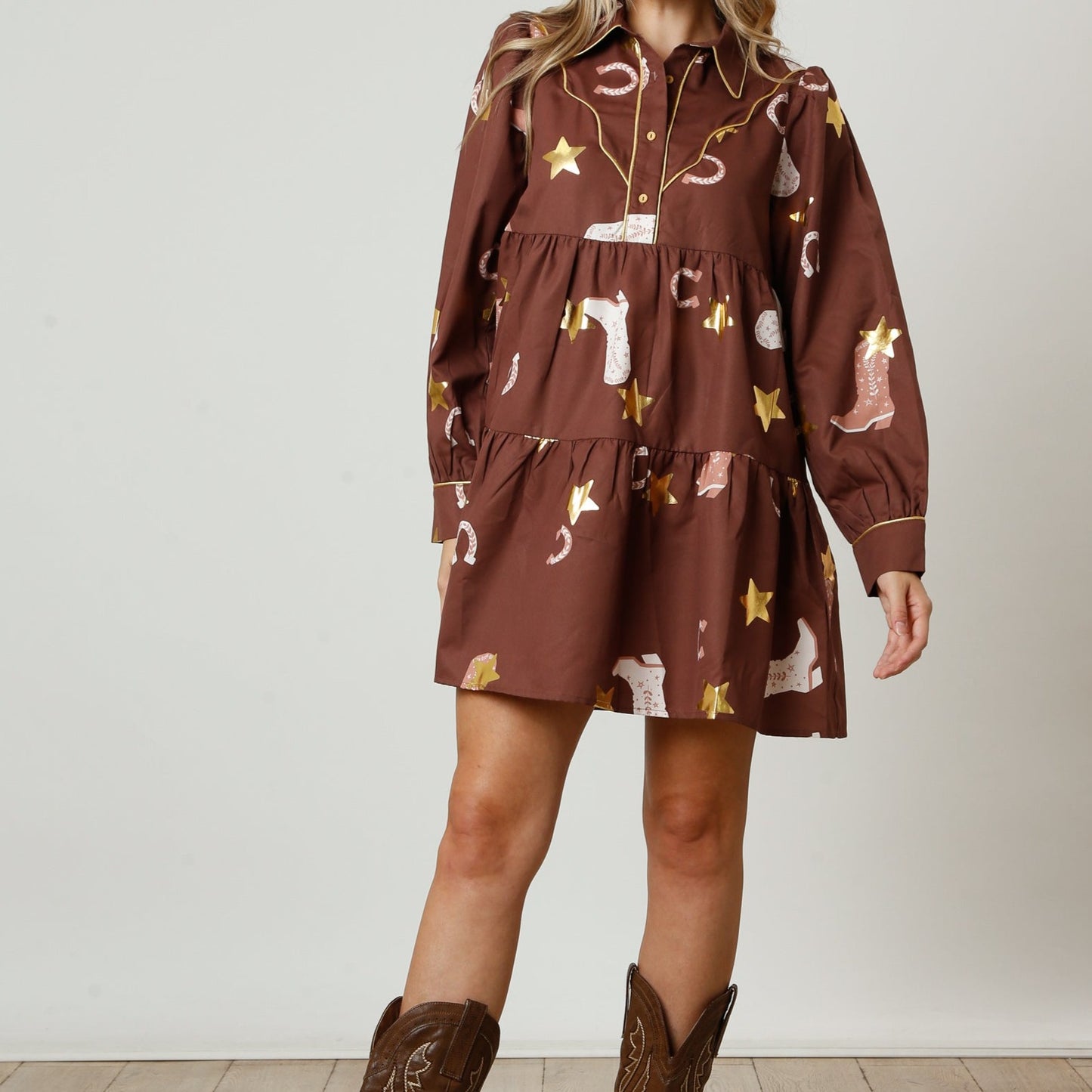 Boot & Horseshoe Printed Poplin Shirt Dress