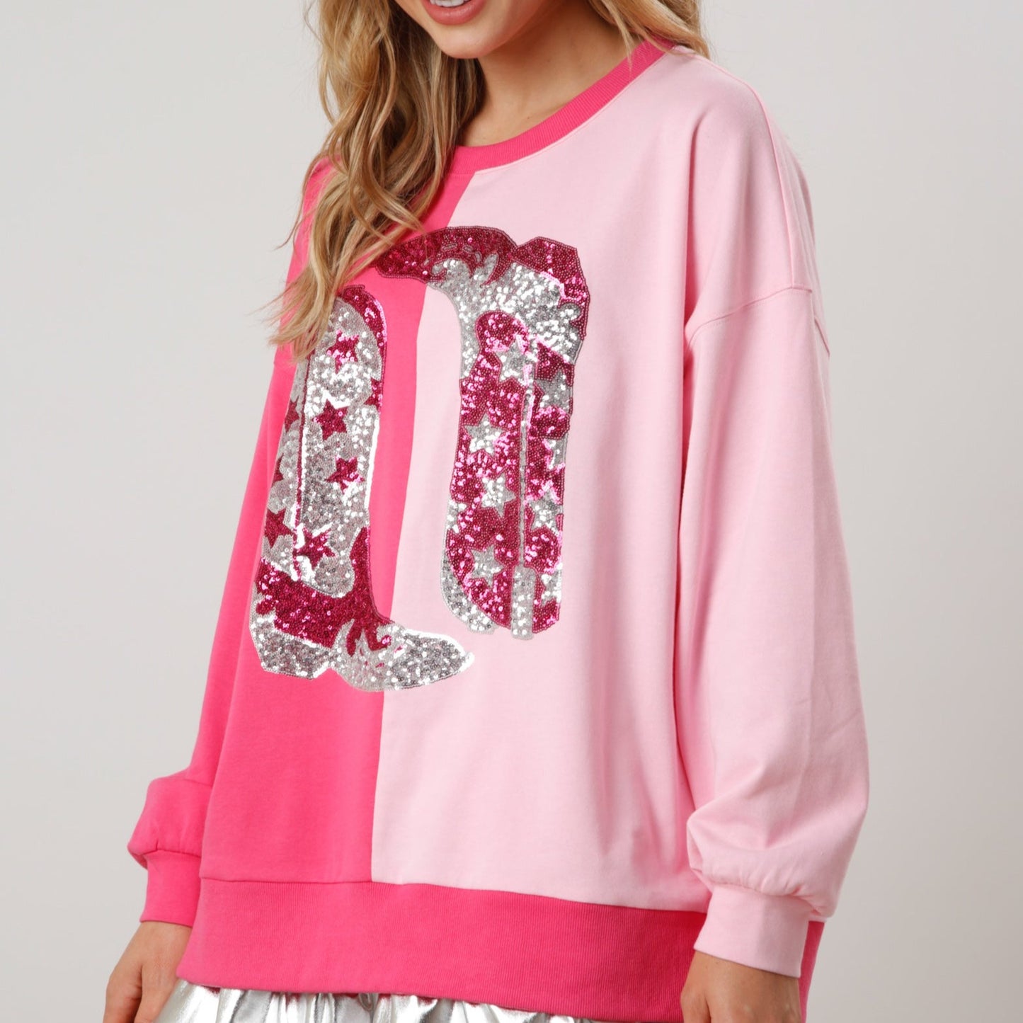 Pink Color Block French Terry Top with Sequin Cowboy Boots