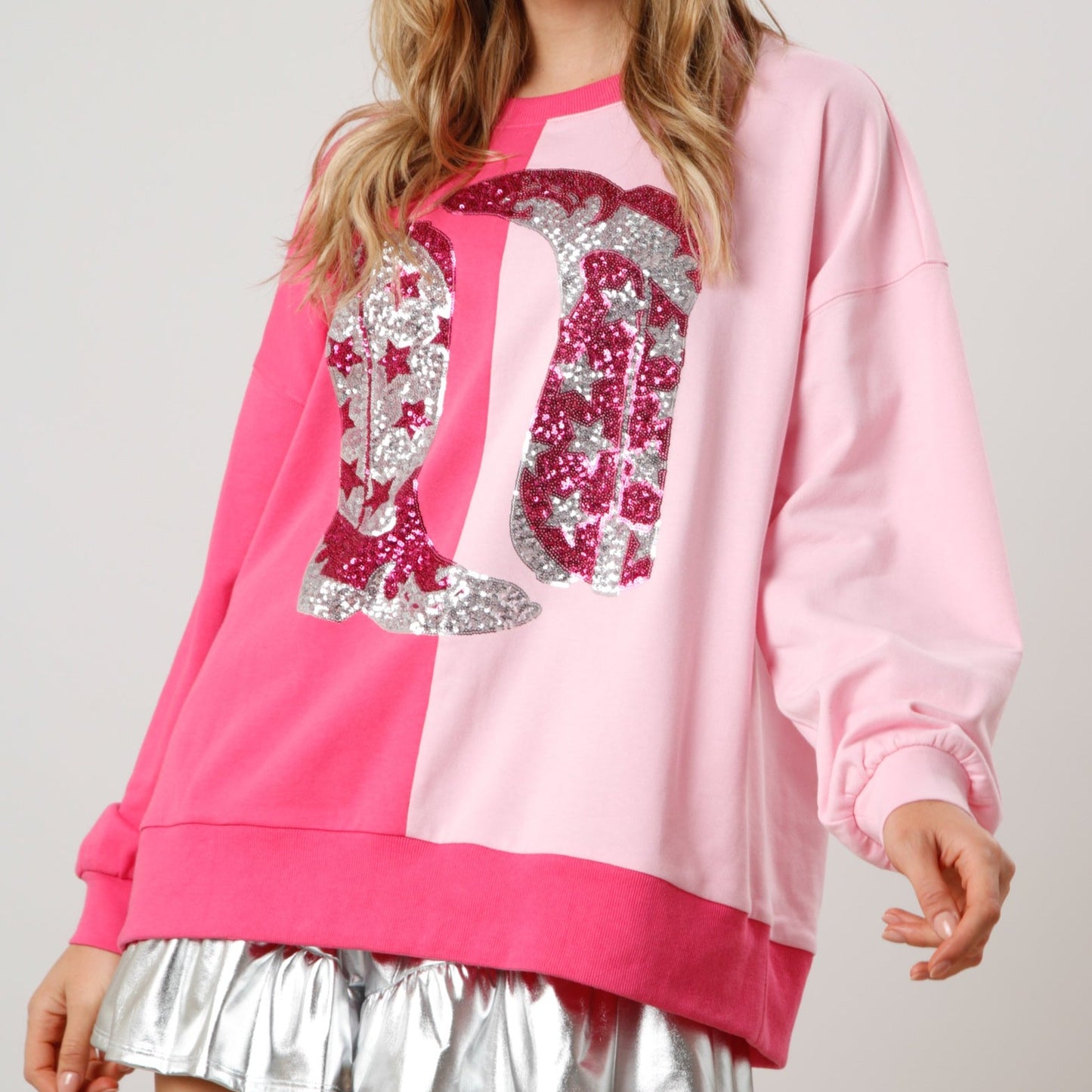 Pink Color Block French Terry Top with Sequin Cowboy Boots