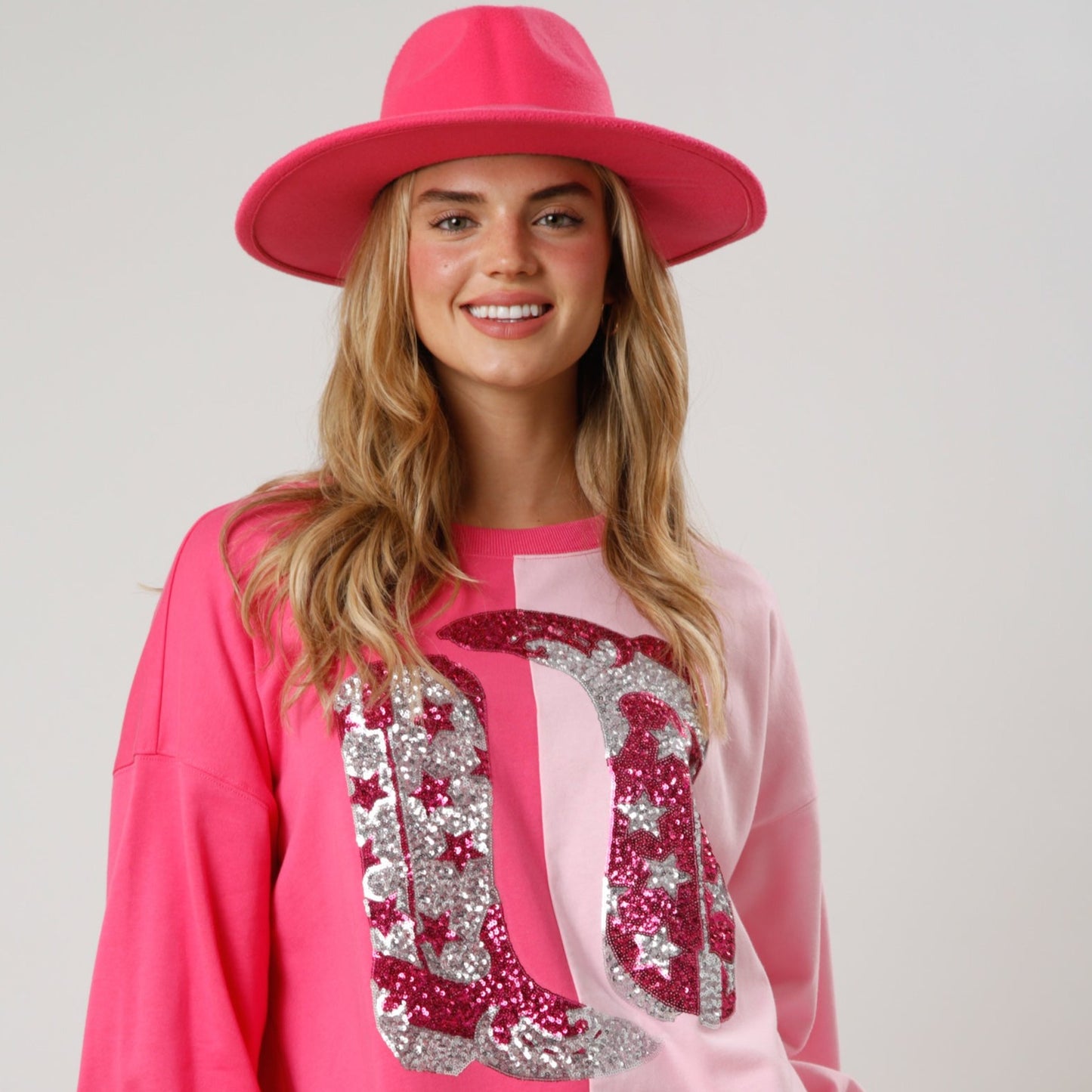 Pink Color Block French Terry Top with Sequin Cowboy Boots