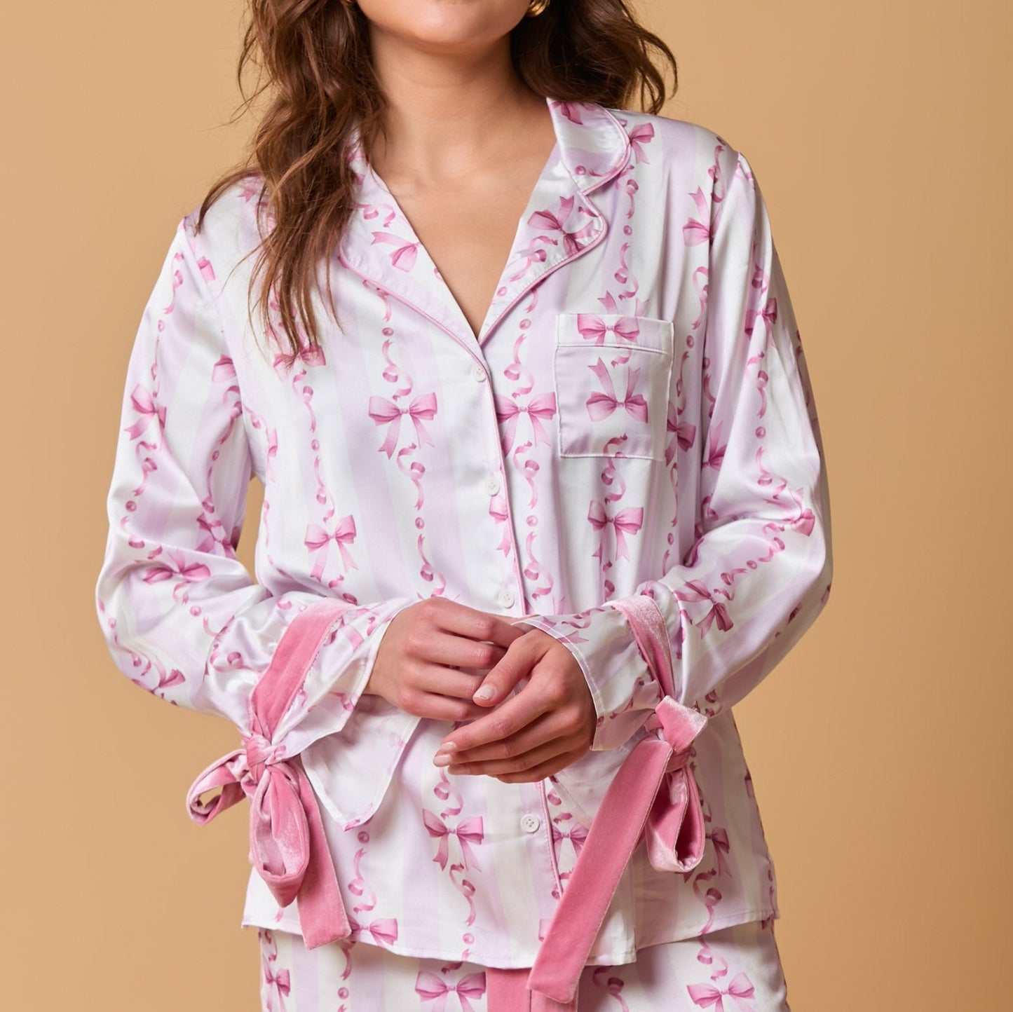 Long Sleeve Satin Pajama Top With Bows...Top Only