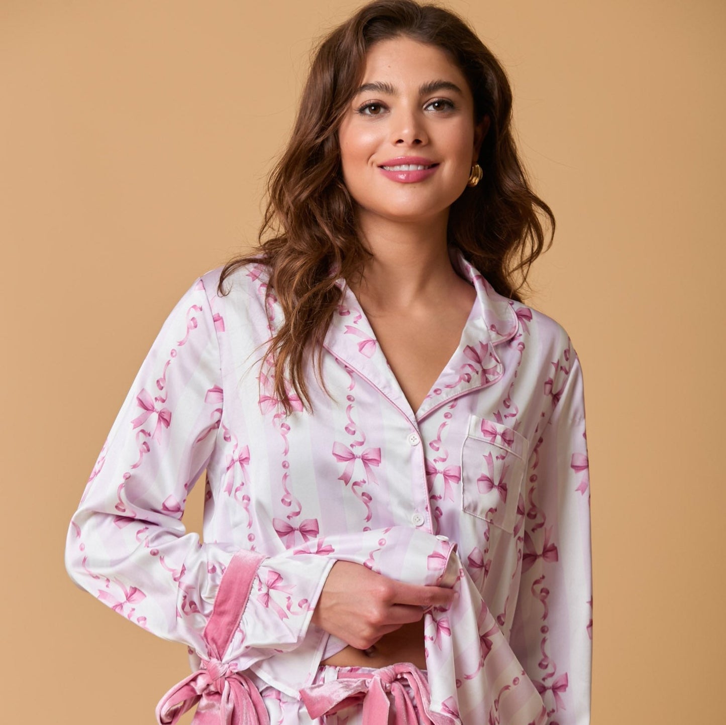 Long Sleeve Satin Pajama Top With Bows...Top Only