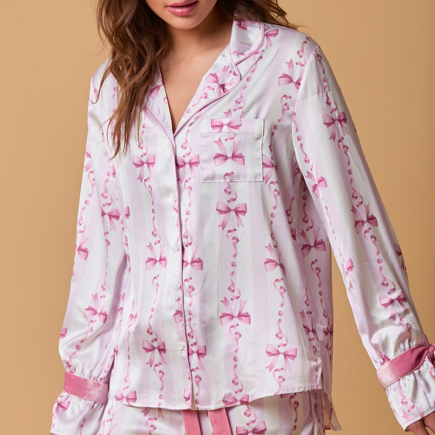 Long Sleeve Satin Pajama Top With Bows...Top Only