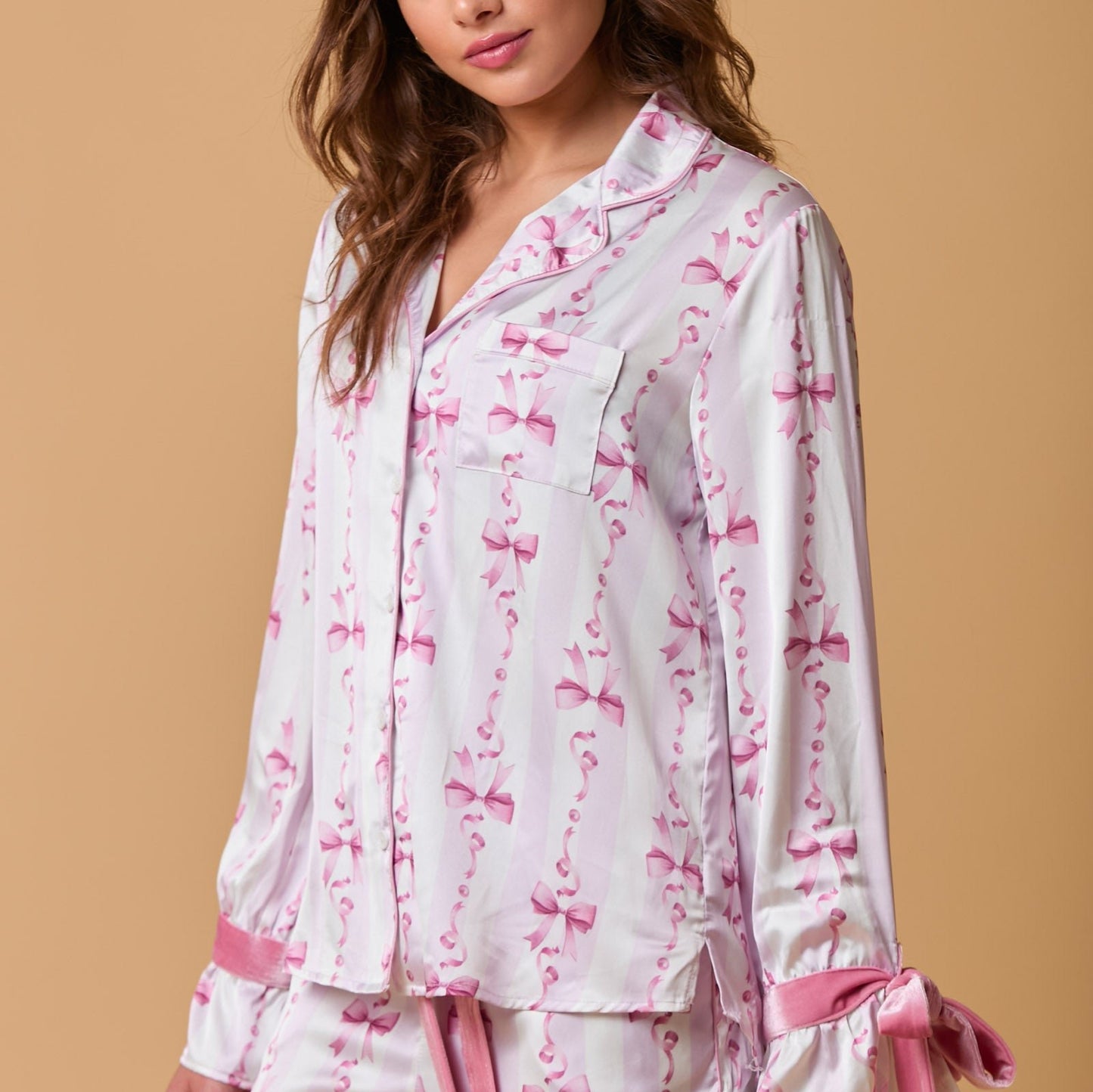 Long Sleeve Satin Pajama Top With Bows...Top Only