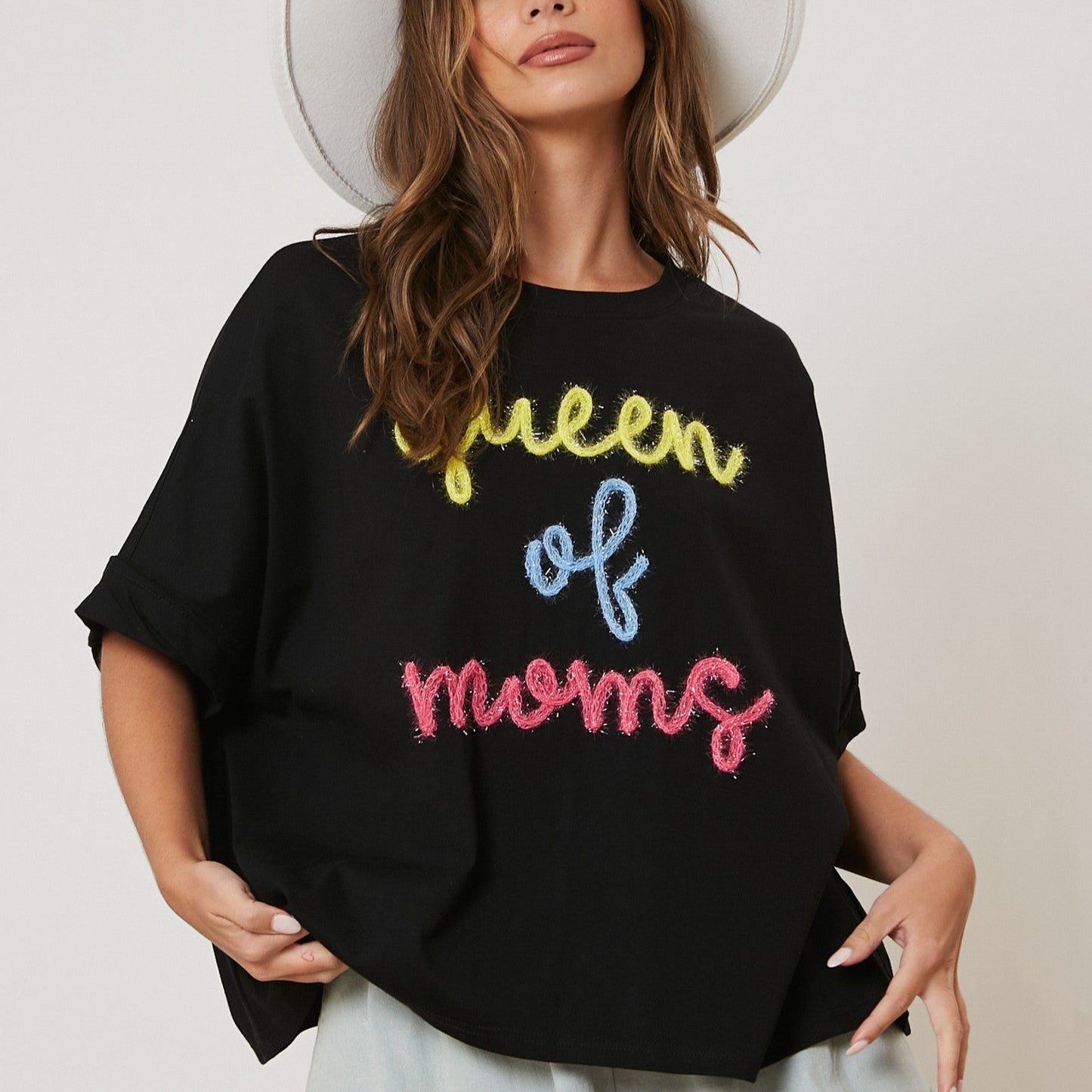 Queen of Moms Lurex Embroidery Oversized Tee