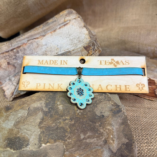 Teal Choker with Crystal Embellished Wood Pendent
