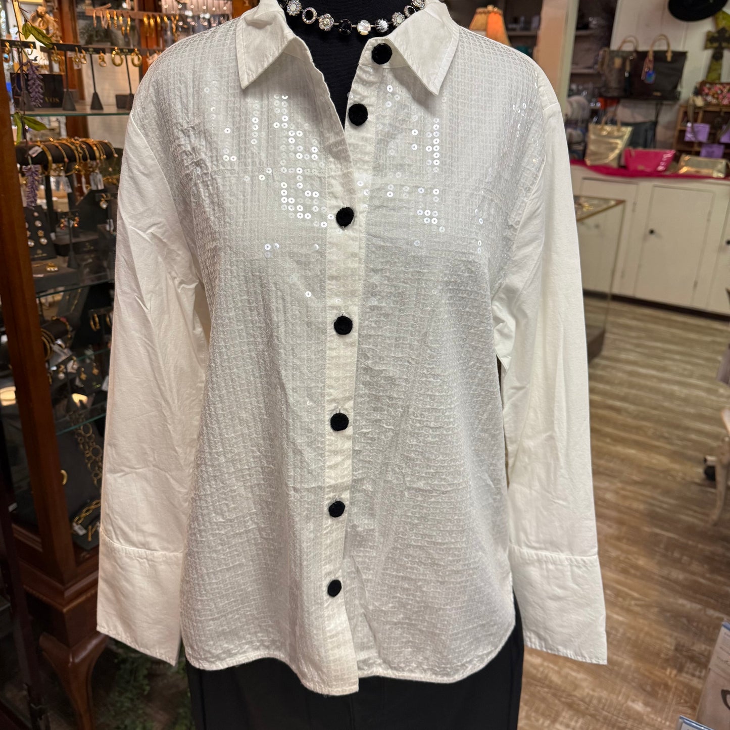 White Sequin Front Button Up Top