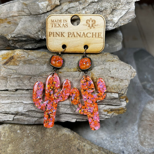 Pink and Orange Glitter Cactus Acrylic Earrings