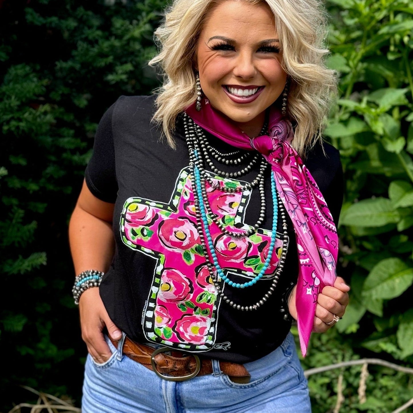 Callie Ann Stelter Pink Floral Cross Tee