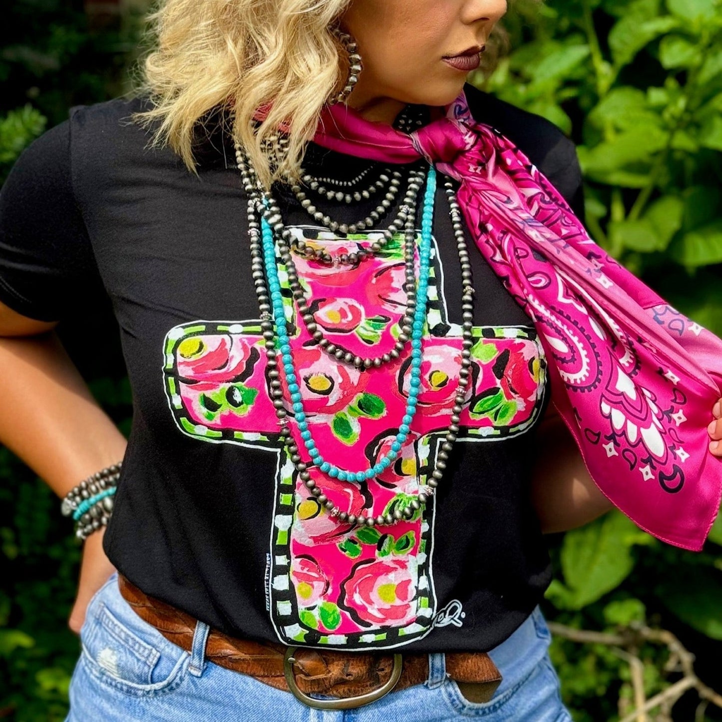 Callie Ann Stelter Pink Floral Cross Tee