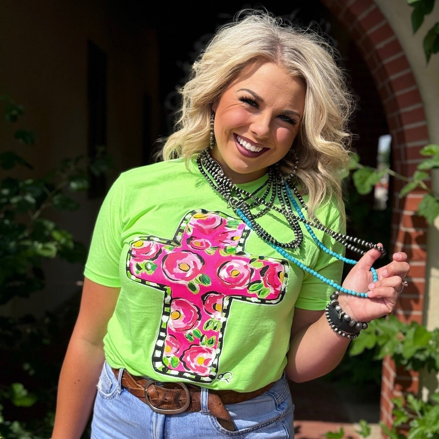 Callie Ann Stelter Pink Floral Cross Tee