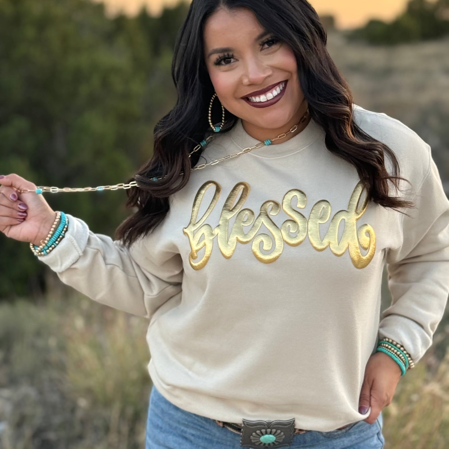 Blessed in Gold Metallic Puff Sweatshirt