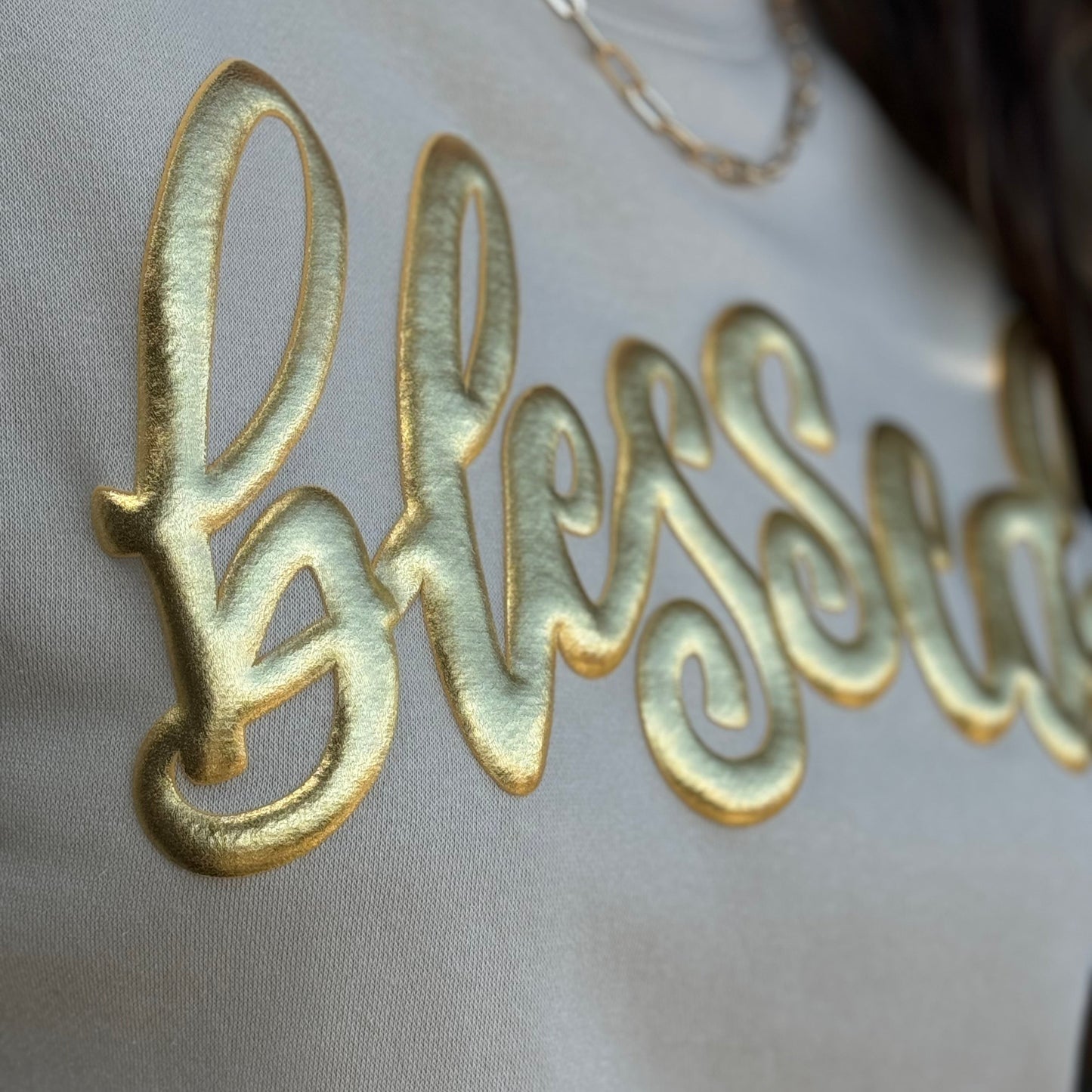 Blessed in Gold Metallic Puff Sweatshirt