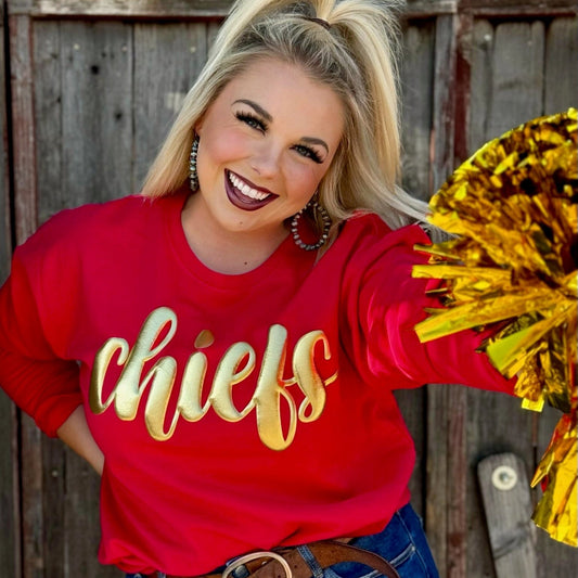 Chiefs in Metallic Gold Red Sweatshirt by Randi Mahomes