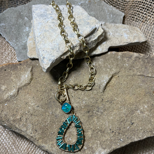 Tube Green Bead Wrapped Pendant with Astrain Crytal Gold Necklace