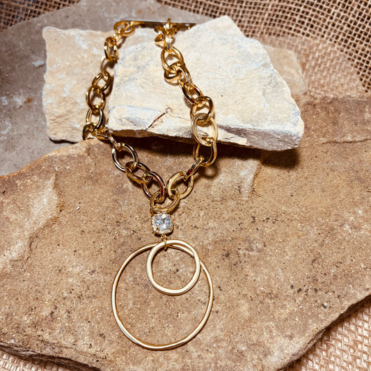 Gold Plated Chain Link and Swarovski Crystal Round Pendant Necklace