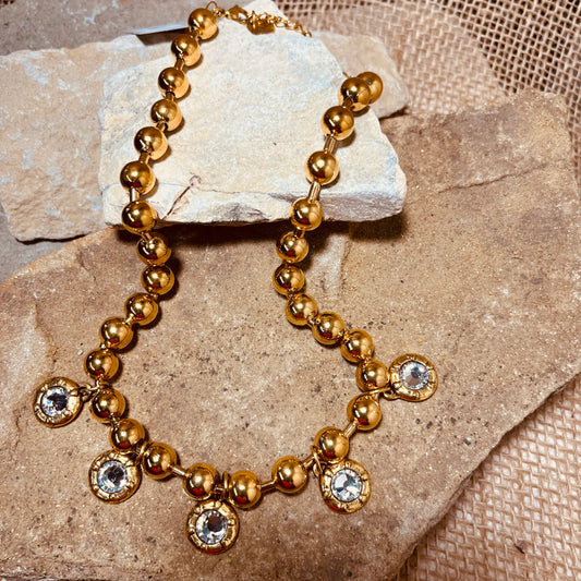 Bead Ball with Antique Gold Crystal Pendants Necklace
