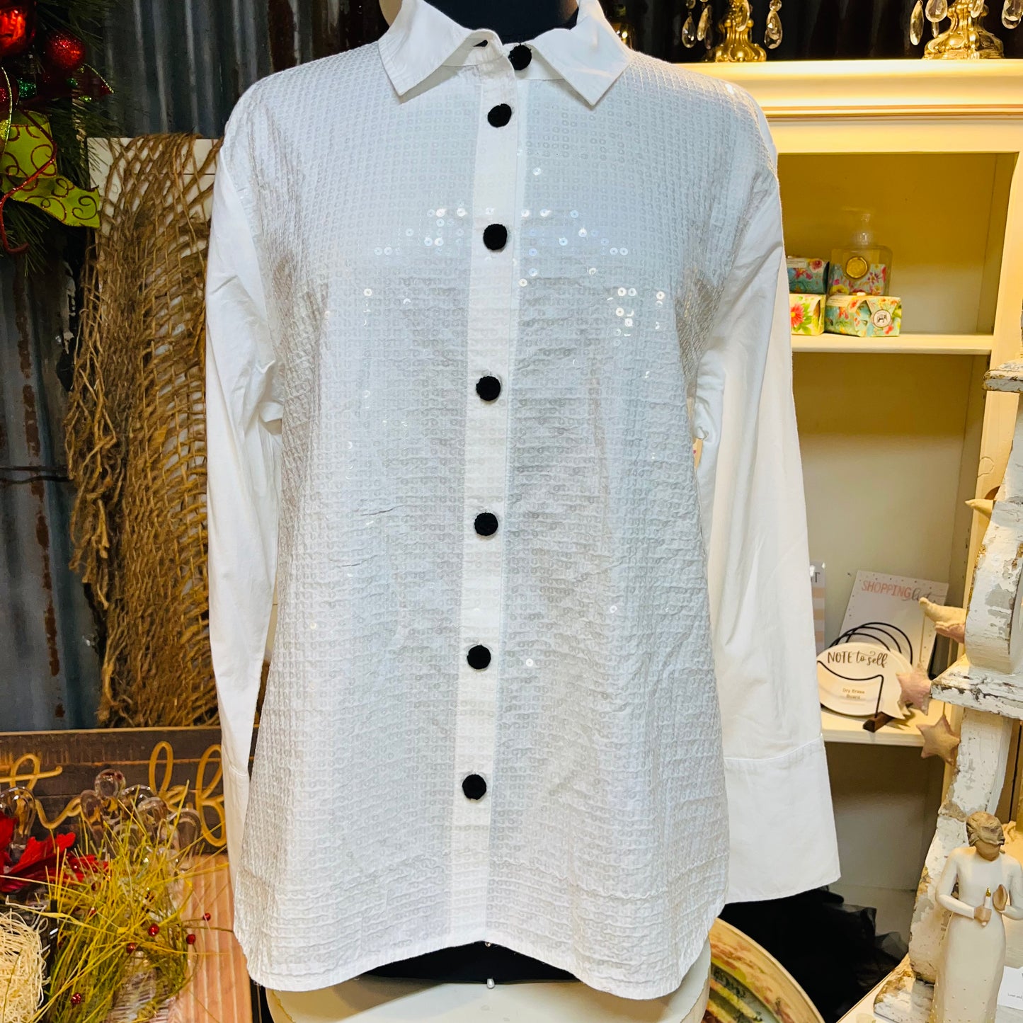White Sequin Front Button Up Top