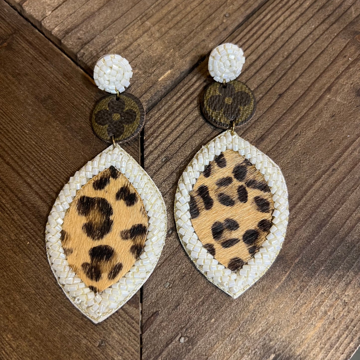 Bead & Leopard Up LV Drop Earrings