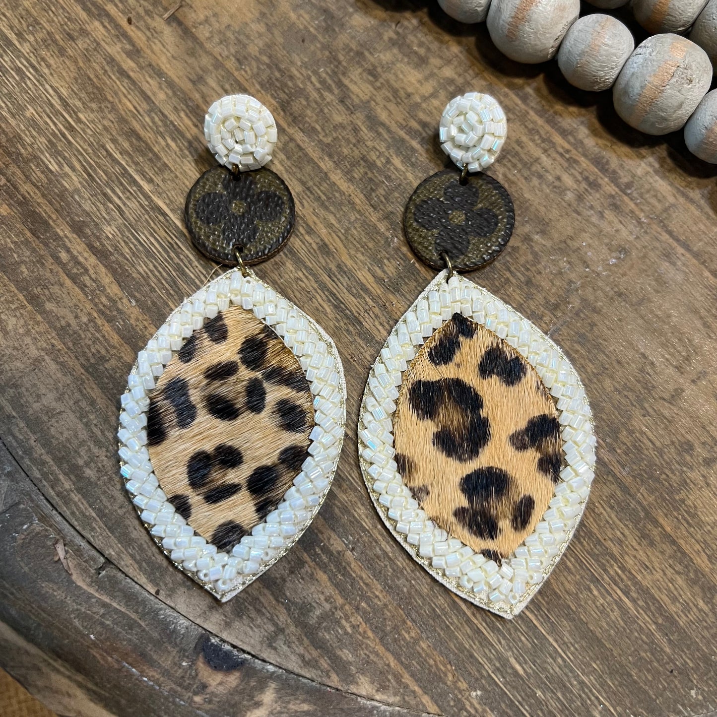 Bead & Leopard Up LV Drop Earrings