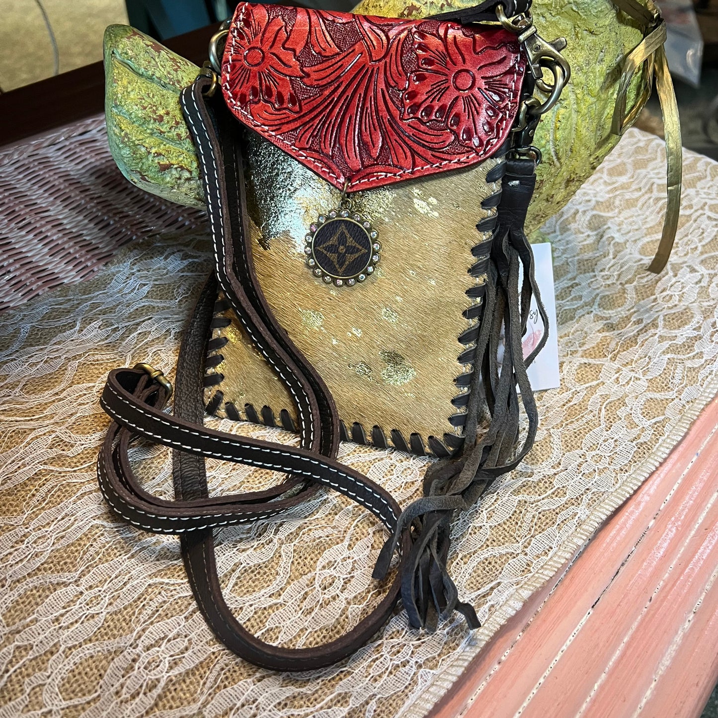 Tooled Cowhide Phone Crossbody-Red