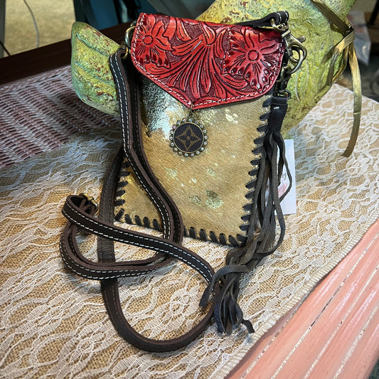 Tooled Cowhide Phone Crossbody-Red