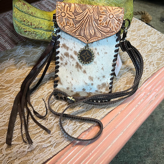 Tooled Cowhide Phone Crossbody Natural