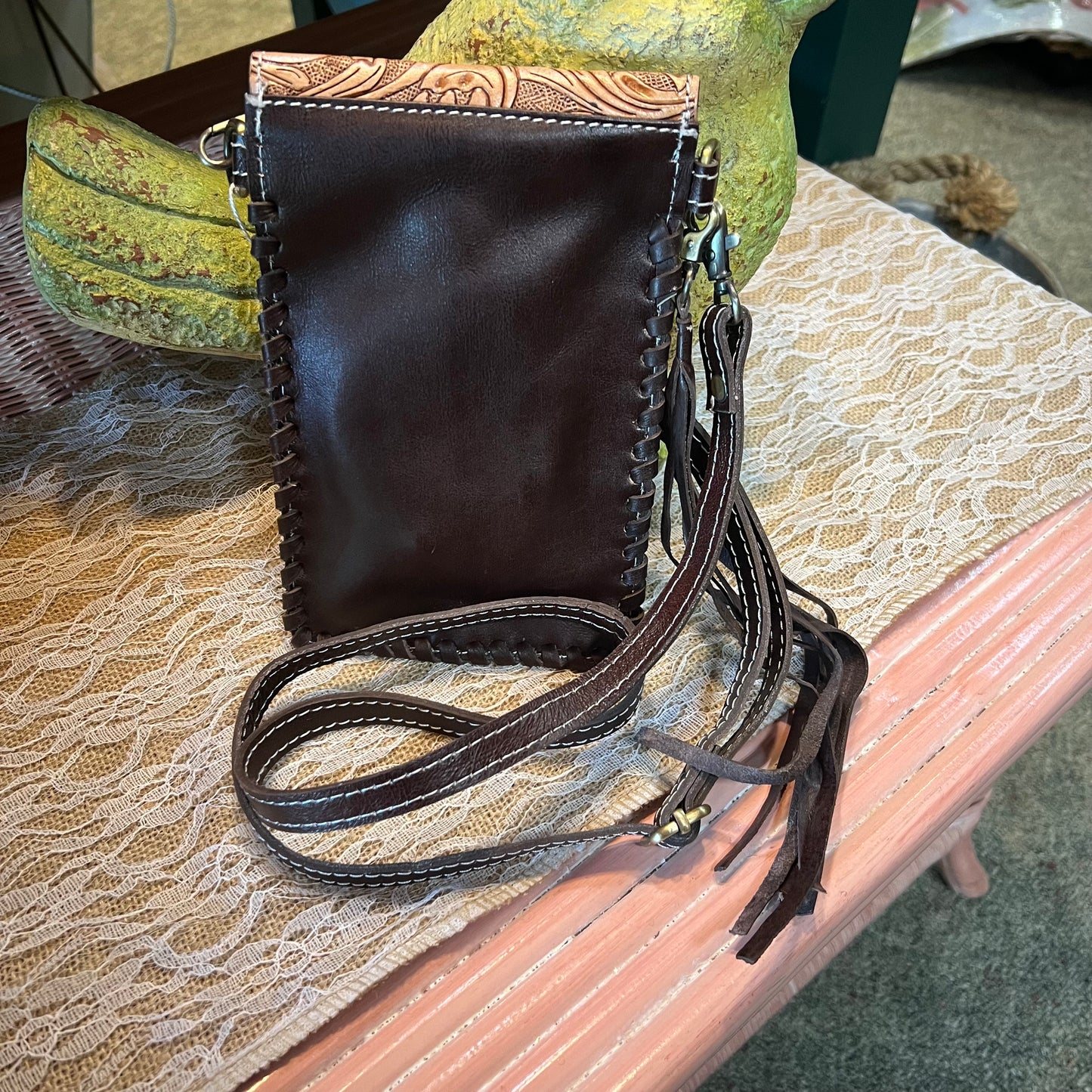 Tooled Cowhide Phone Crossbody Natural