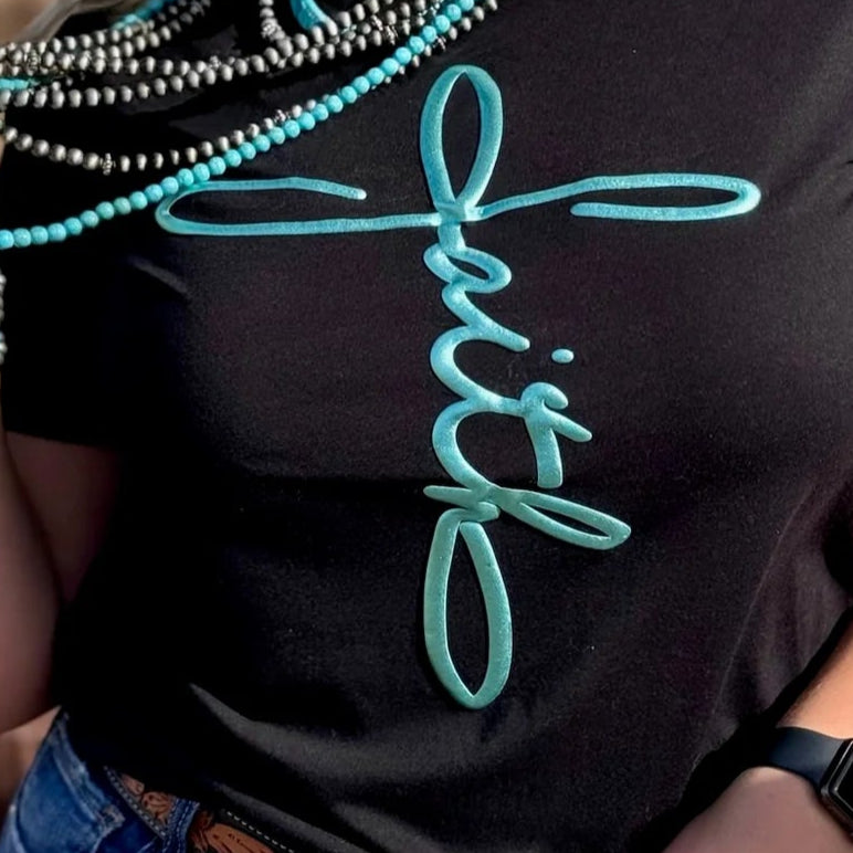 Faith in Teal Metallic Puff Crew Neck Tee