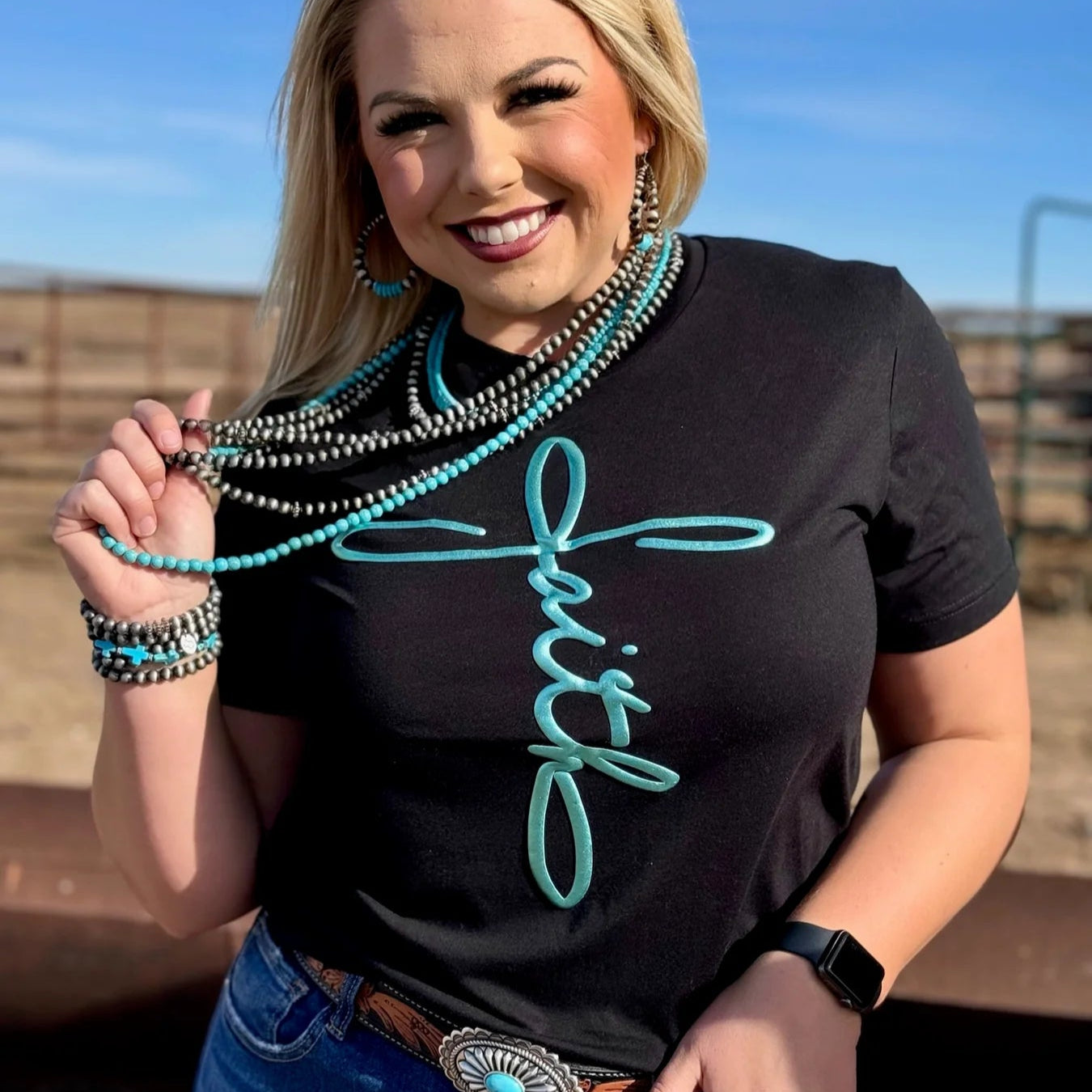 Faith in Teal Metallic Puff Crew Neck Tee