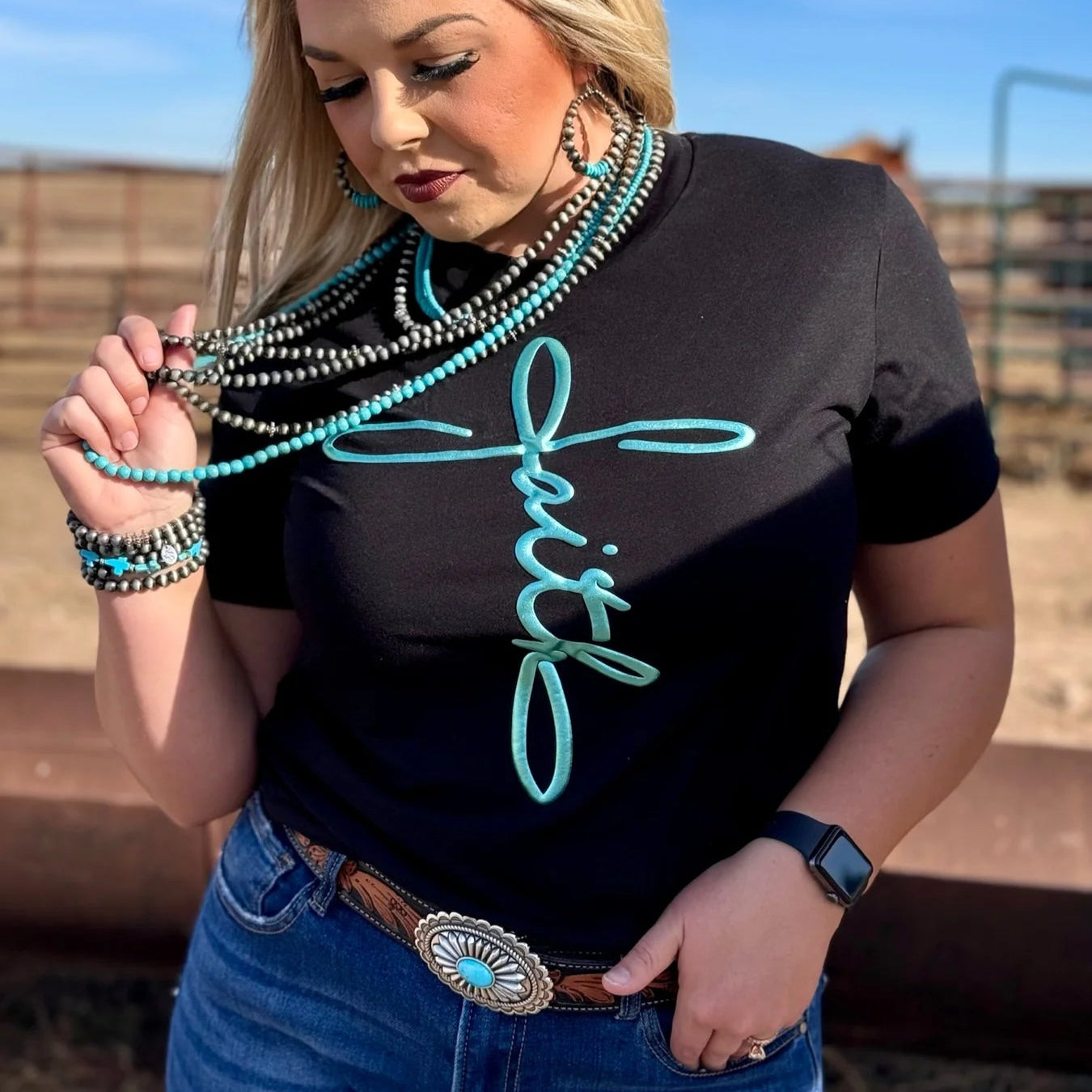 Faith in Teal Metallic Puff Crew Neck Tee