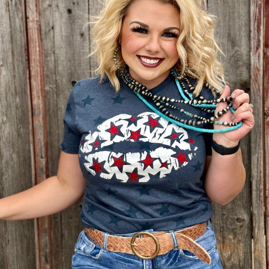 Patriotic Lips with Red Glitter Stars Tee