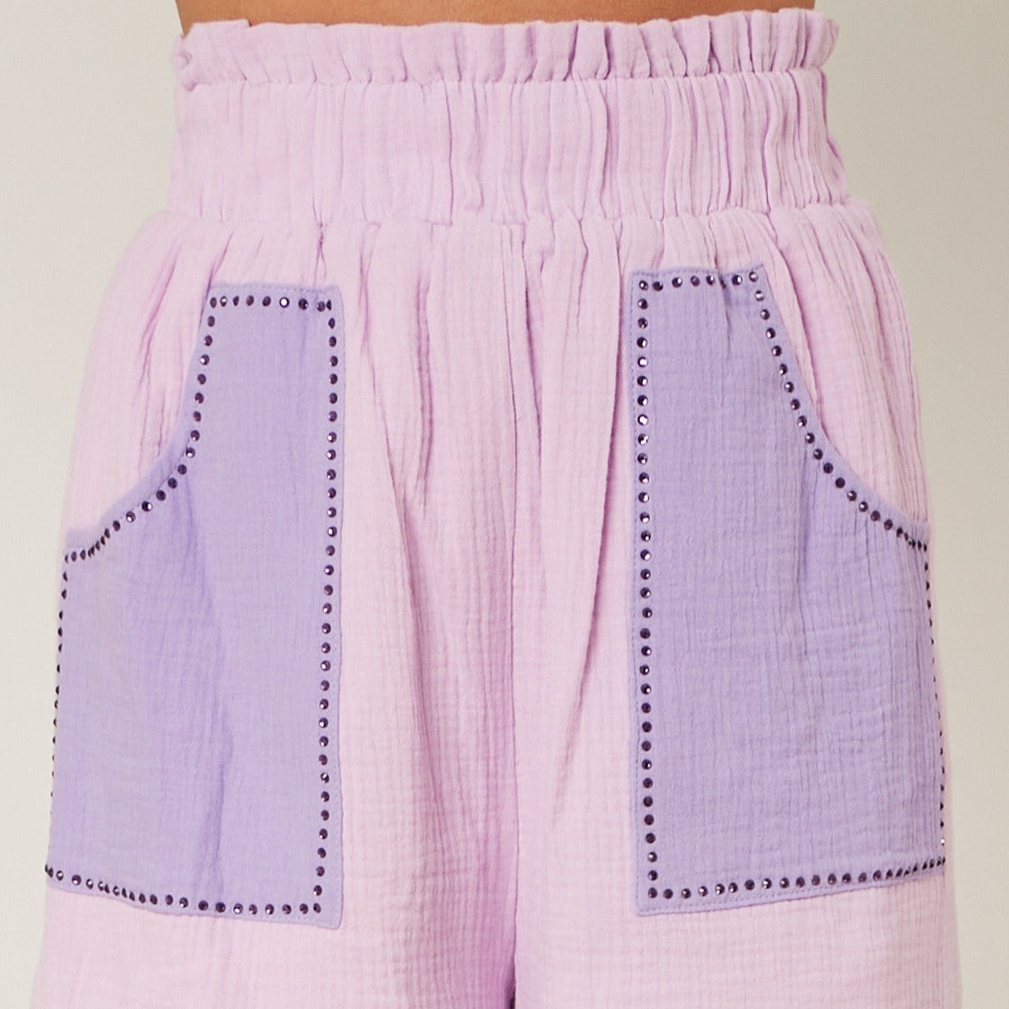 Color Block Shorts with Rhinestone Embellishments