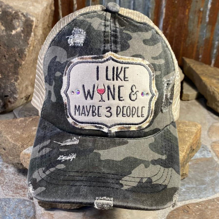 Embroidered Bling I like Wine & Maybe 3 People Camo Cap