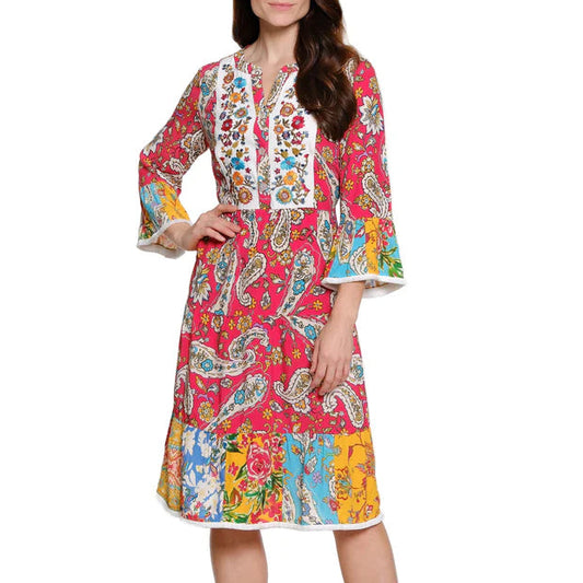 John Mark Embroidered Tiered Floral Print Dress