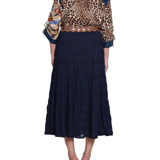WOVEN TEXTURED TIERED PULL ON SKIRT W/ BELT