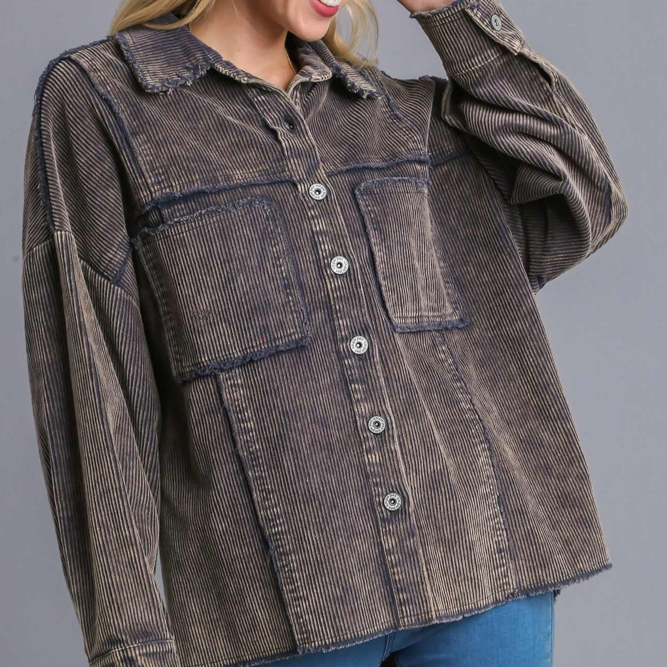 Stone Wash Collar Button Down Jacket with Unfinished Hem