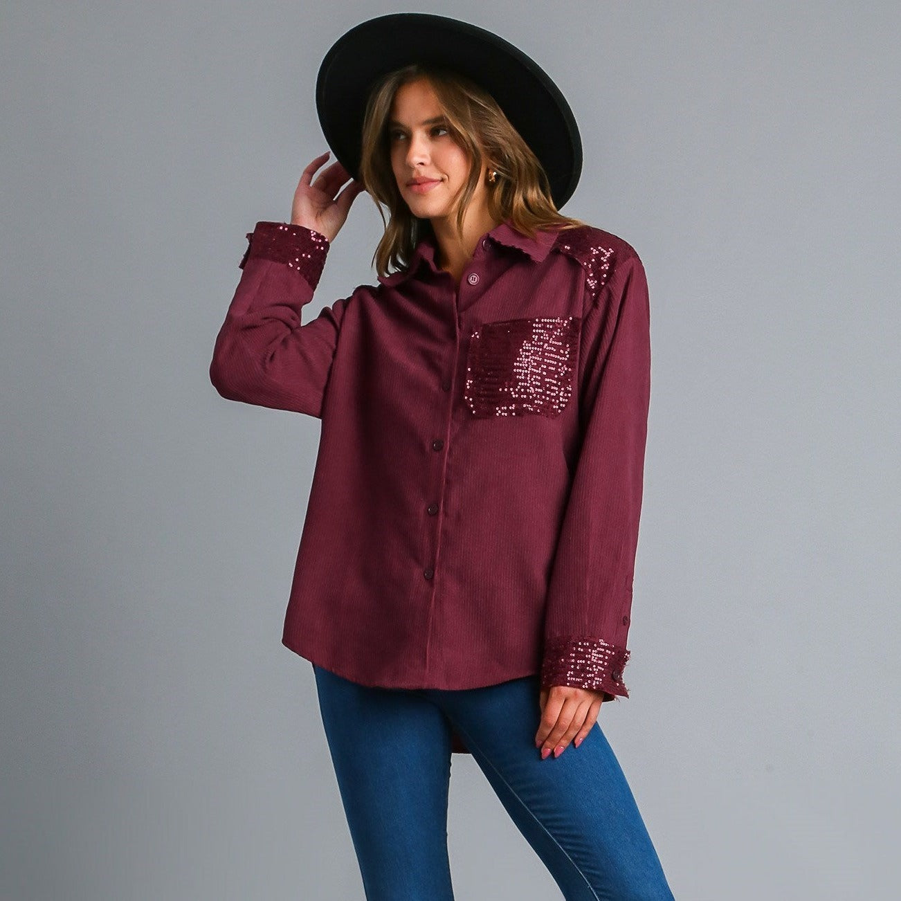 Sequin Adorned Corduroy Ribbed Style Top in Wine