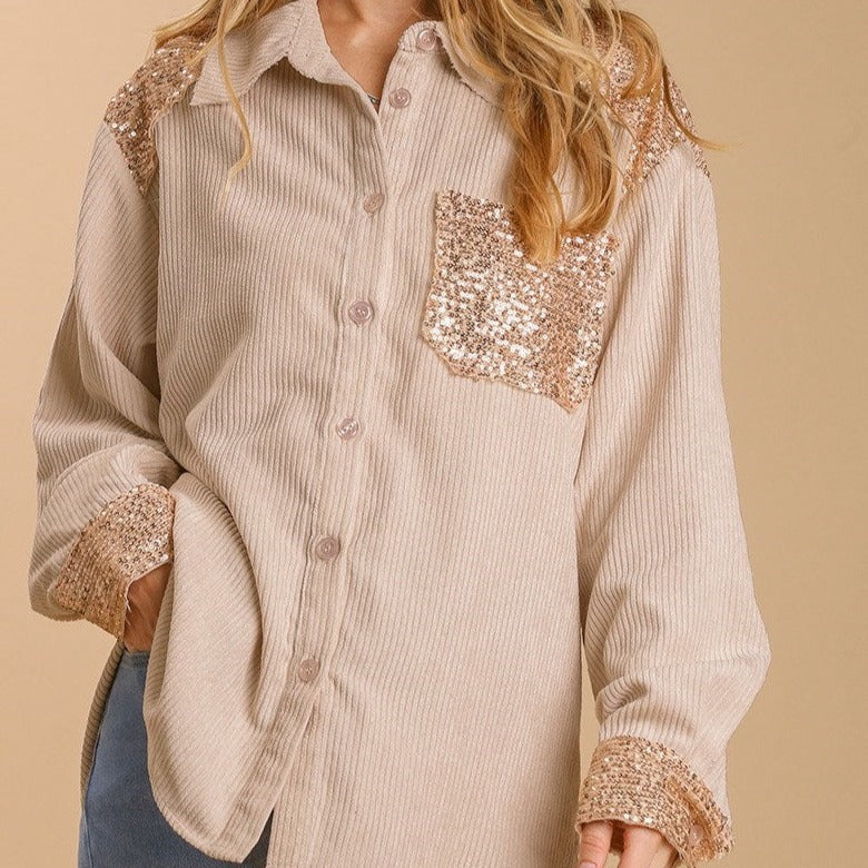 Sequin Adorned Corduroy Ribbed Style Top in Oatmeal