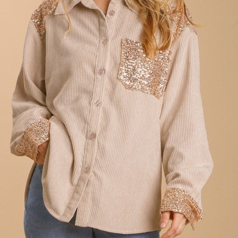 Sequin Adorned Corduroy Ribbed Style Top in Oatmeal